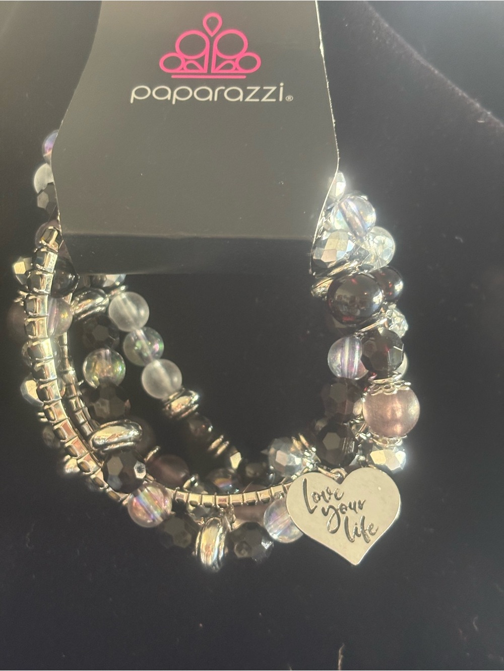 paparazzi Black & Iridescent Multi-Strand Beaded Bracelet with Heart Charm